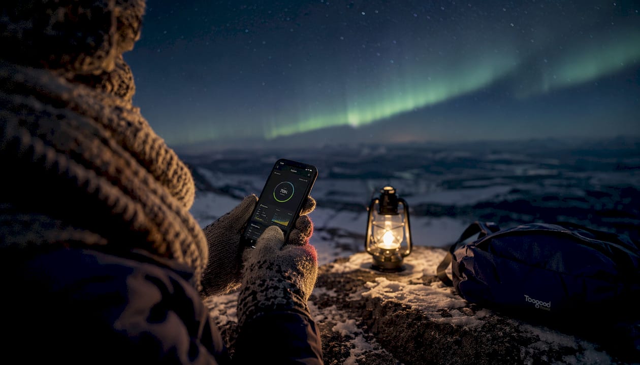Hands holding phone showing northern lights forecast outdoors