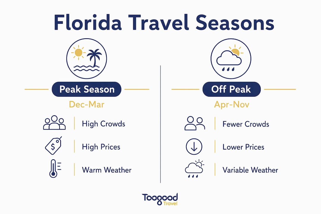 Infographic comparing Florida peak and off-peak travel seasons