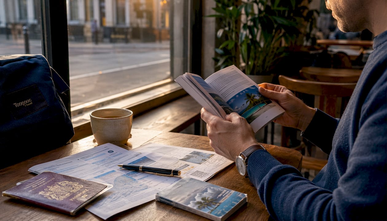 Travel insurance paperwork and passport on a home office desk