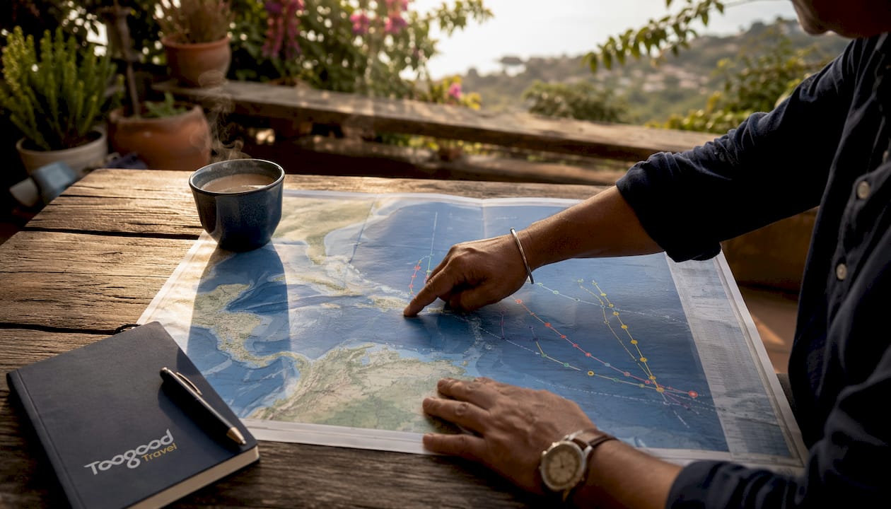 Hands pointing at Atlantic hurricane map on wooden table