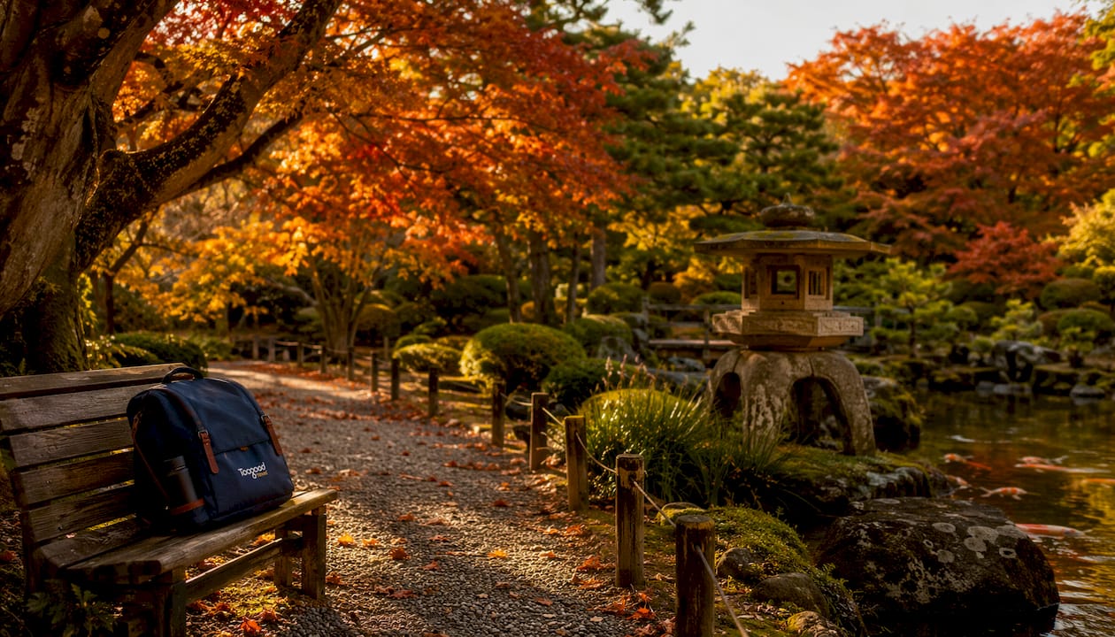 Autumnal Shinjuku Gyoen Garden pathway and pond