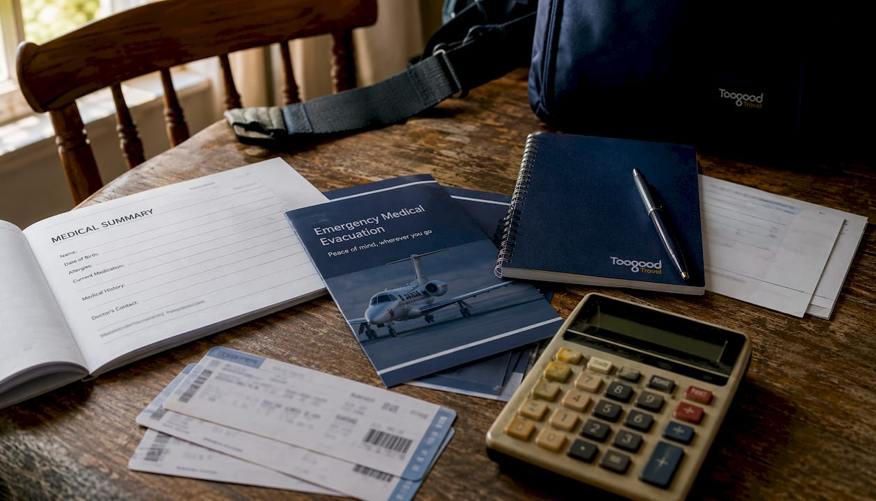 Desk with travel cost related documents and calculator