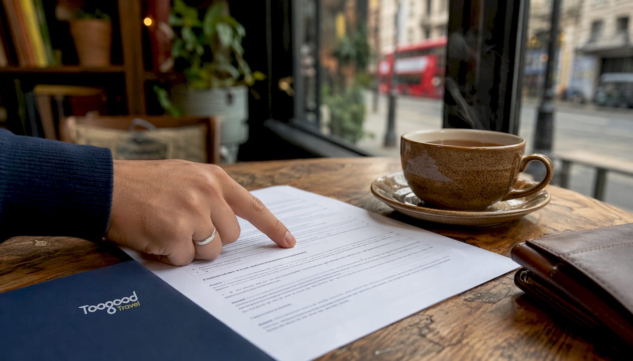Hand pointing at UK travel insurance legal paperwork
