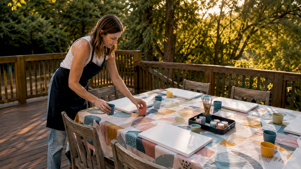 Adult setting up painting stations on table