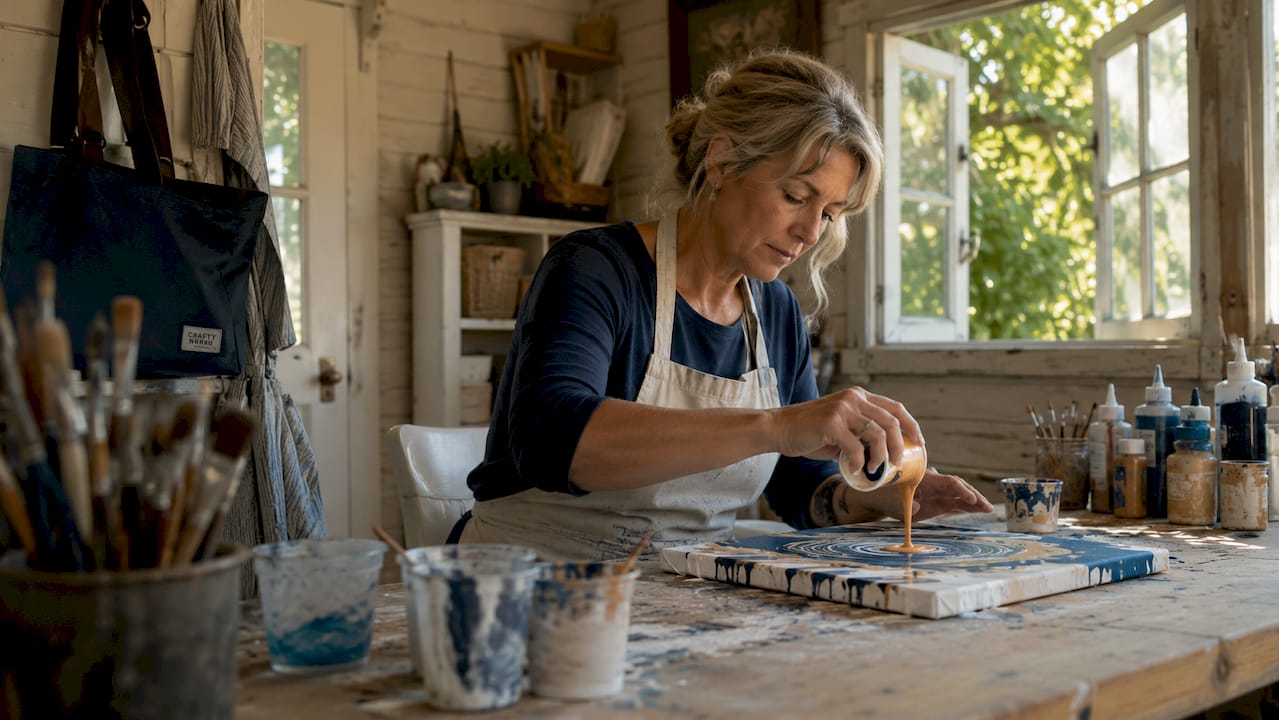Woman doing acrylic pouring art at home