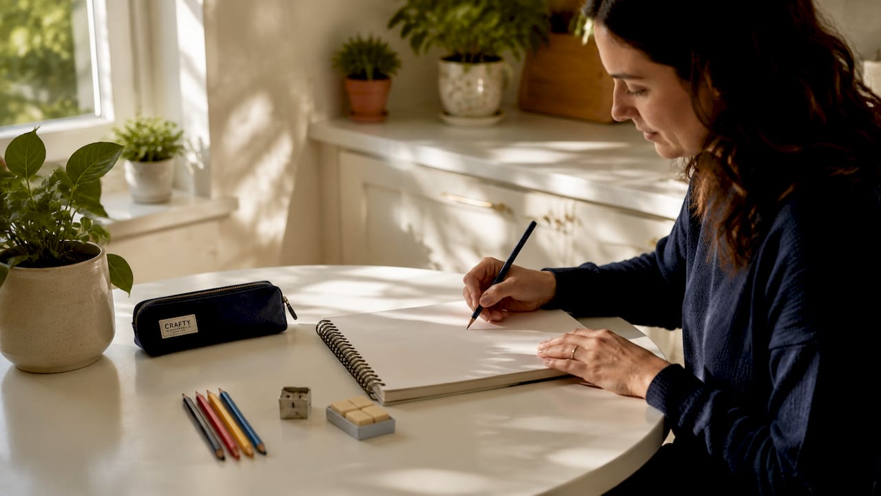 Drawing supplies on home studio desk