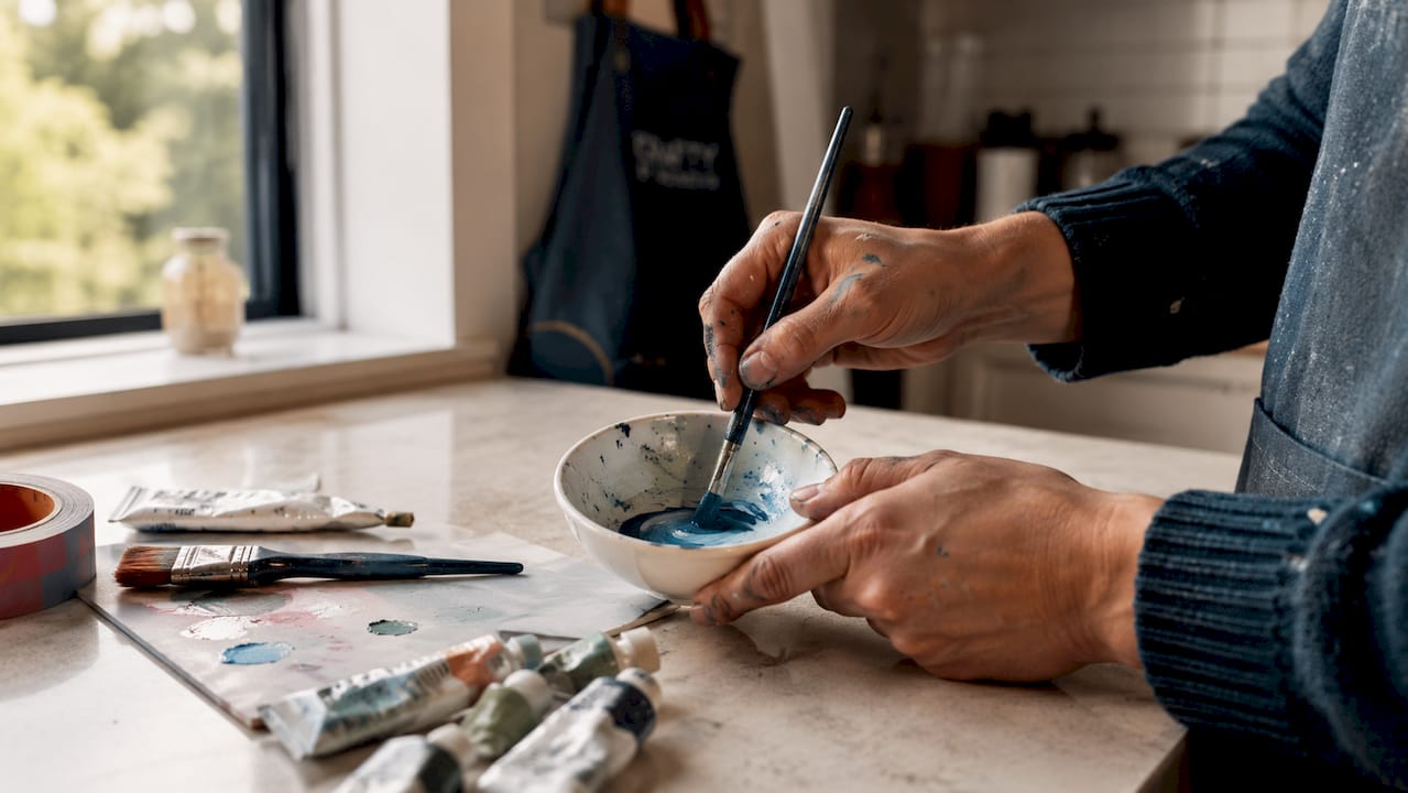 hands mixing paint and water in studio