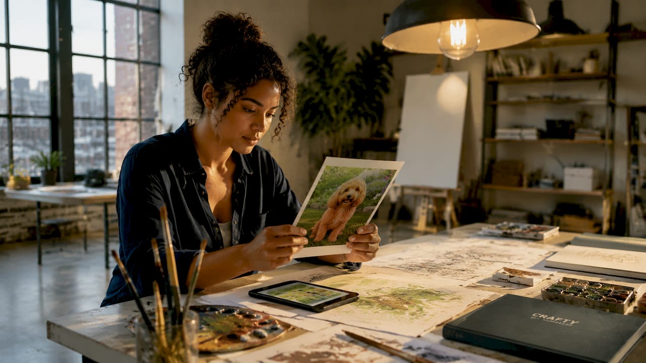 Designer reviewing photo for art kit creation