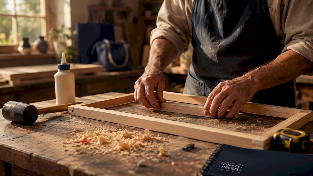 Hands assembling wooden stretcher bars