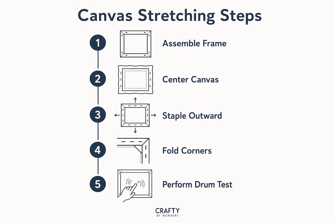 Infographic showing step-by-step canvas stretching process