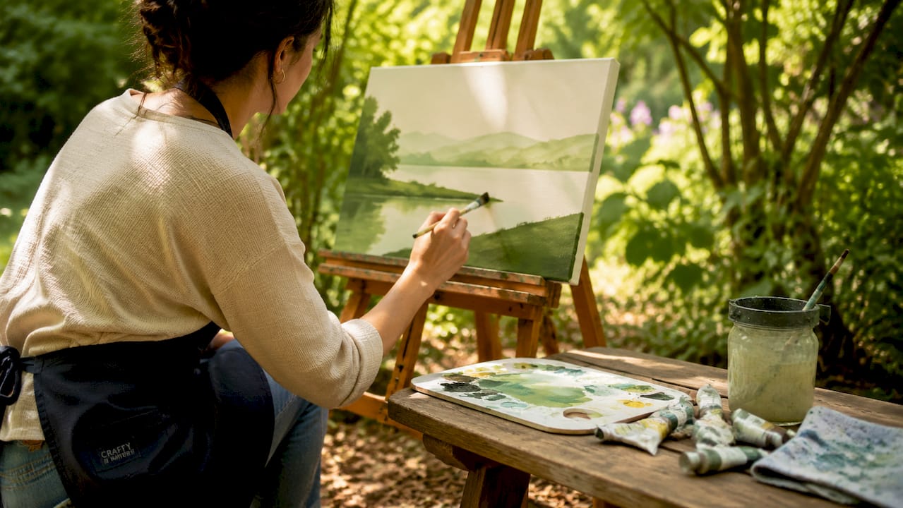 Artist painting minimalist landscape in home studio