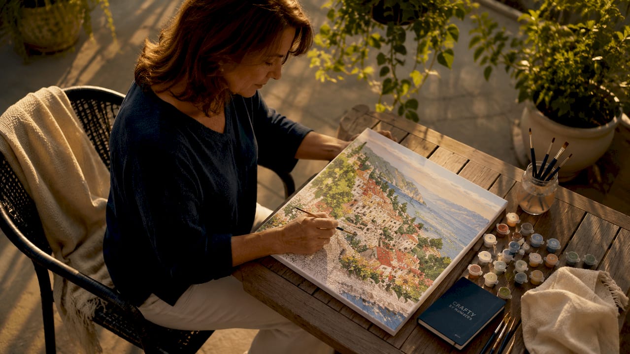 Woman painting paint-by-numbers at home