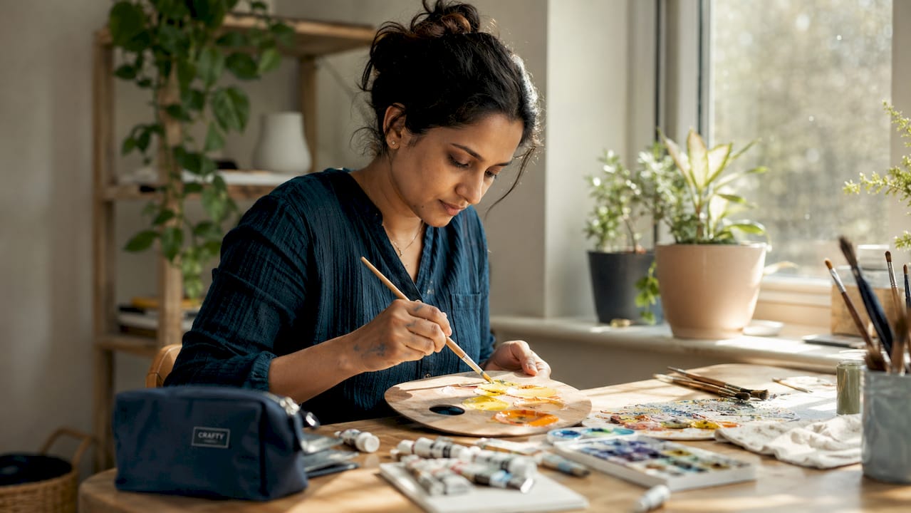 Artist mixing analogous colors on palette