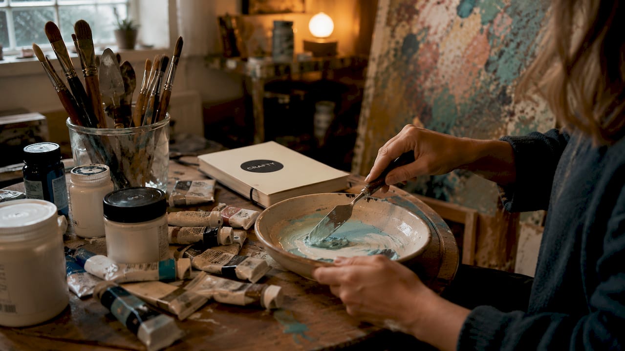 Artist mixing acrylic paint with medium in studio