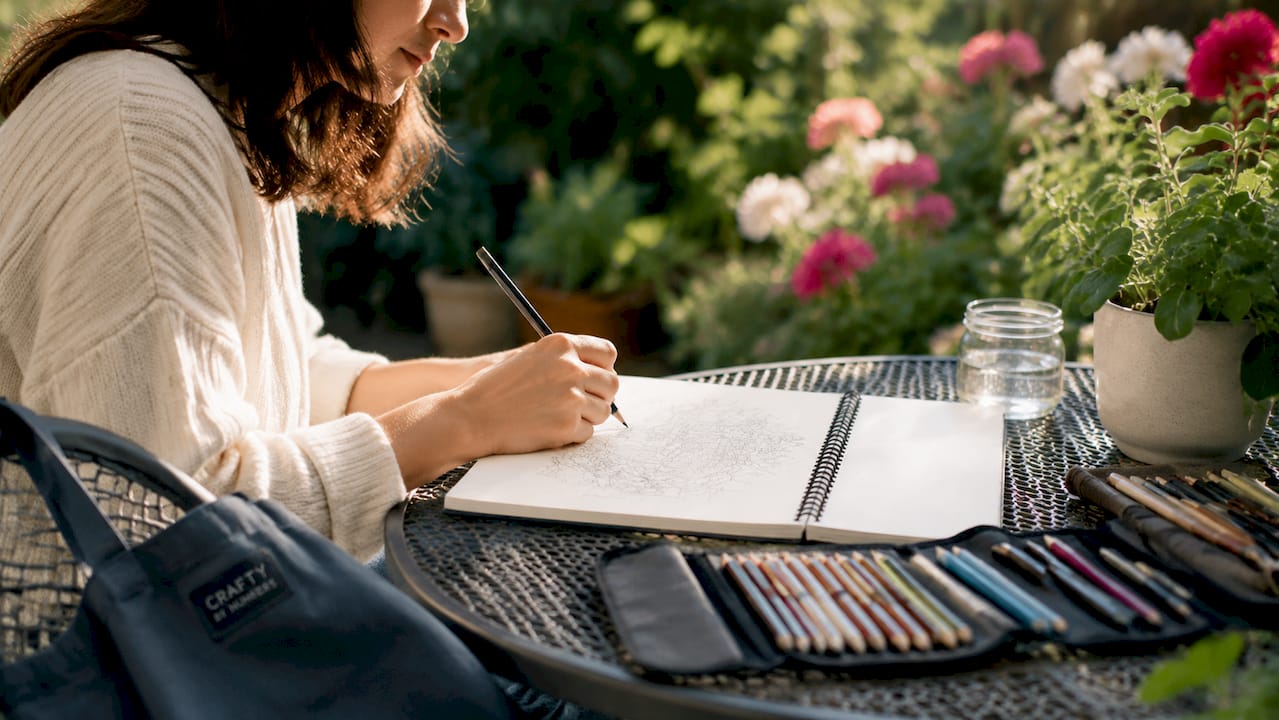 Artist's hand sketching in notebook