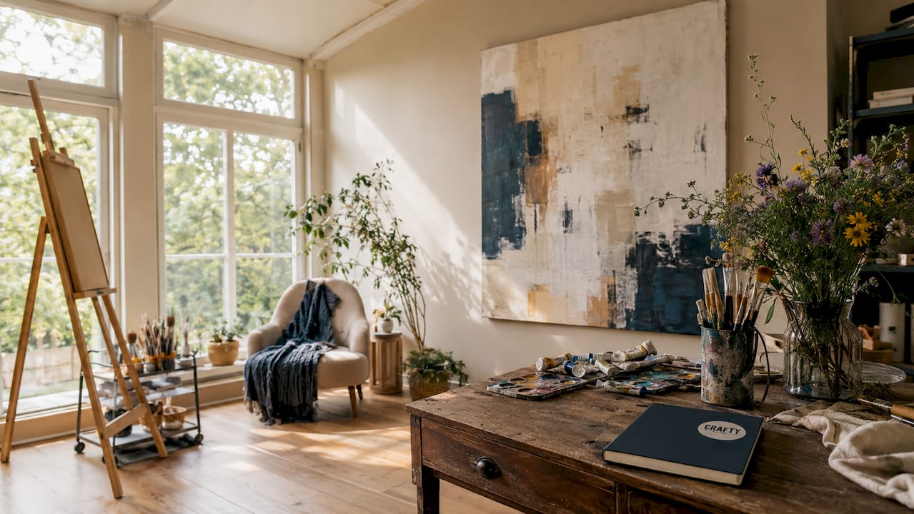 Wohnzimmer mit großem abstraktem Leinwandgemälde an der Wand