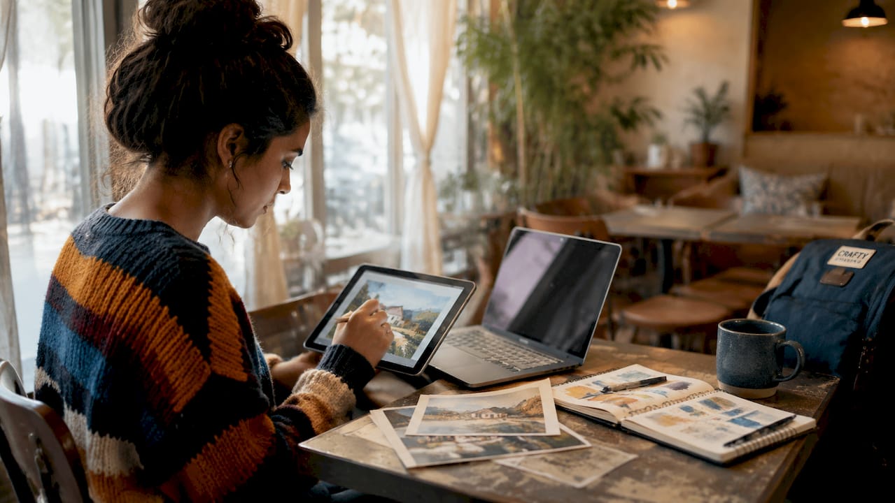 Person, die ein Tablet für die Konvertierung von KI-Gemälden verwendet