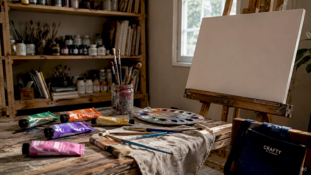Workspace with paints, brushes, and canvas