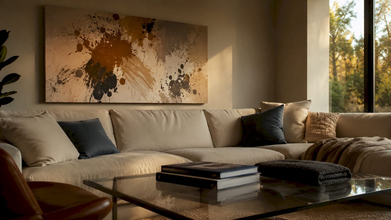 Large canvas art above sofa in bright living room