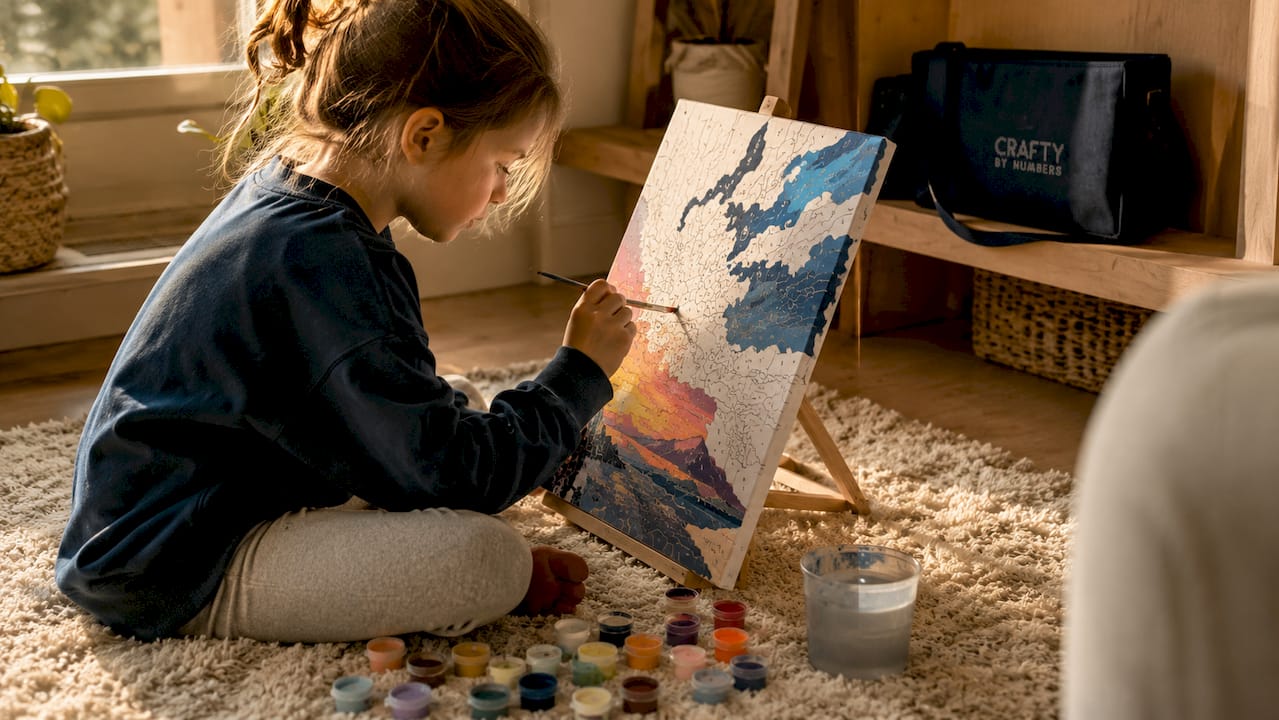 Child painting a numbered canvas at a table