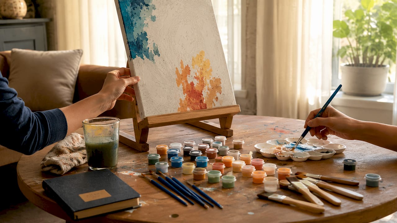 Close-up of hands using family portrait painting kit supplies