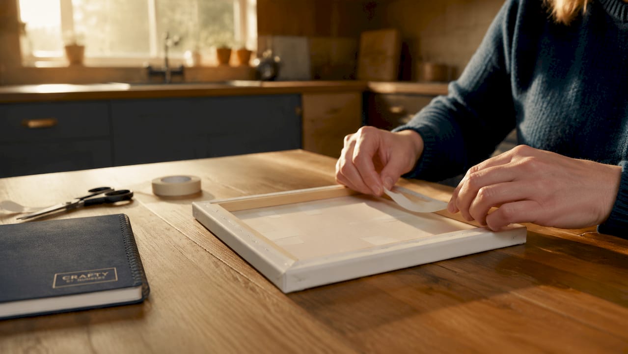 Hands applying adhesive strips on canvas back