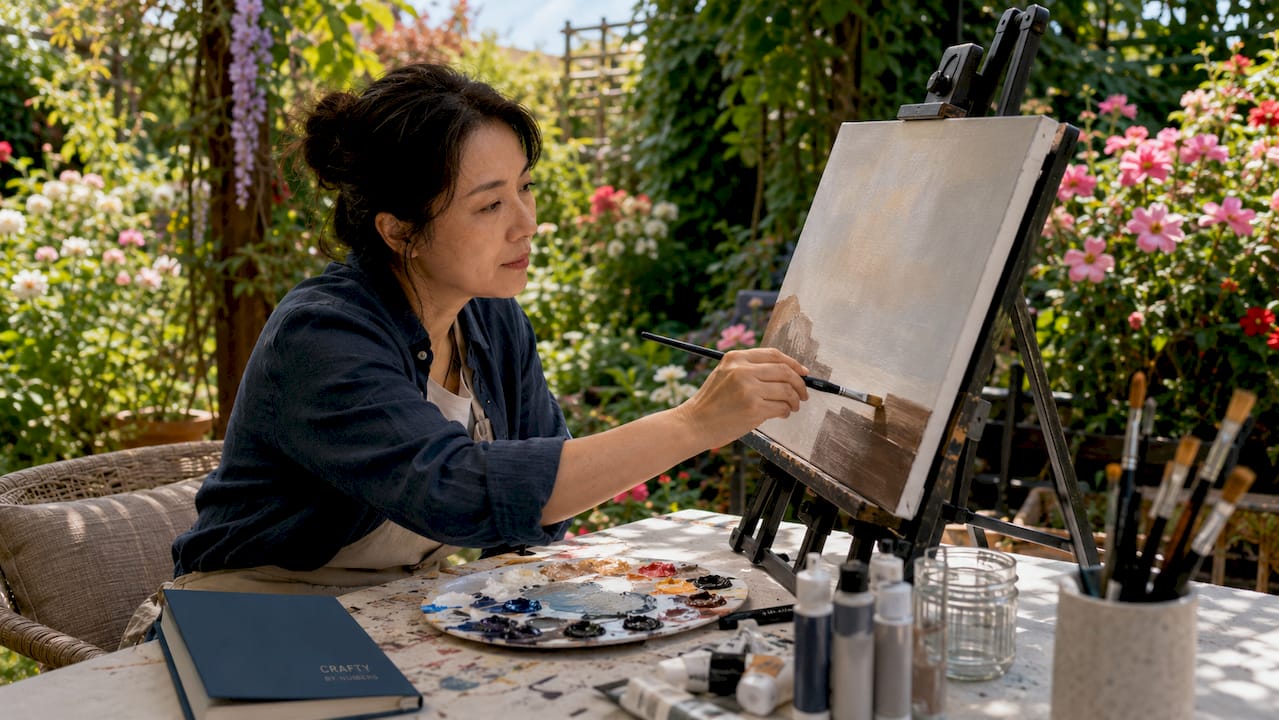Person painting acrylics on canvas with brushes
