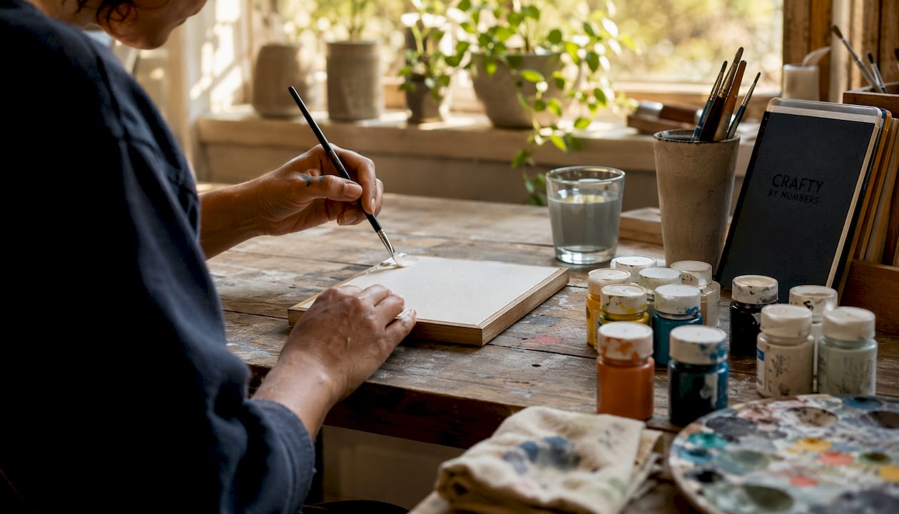 Hands painting decor in sunlit craft room