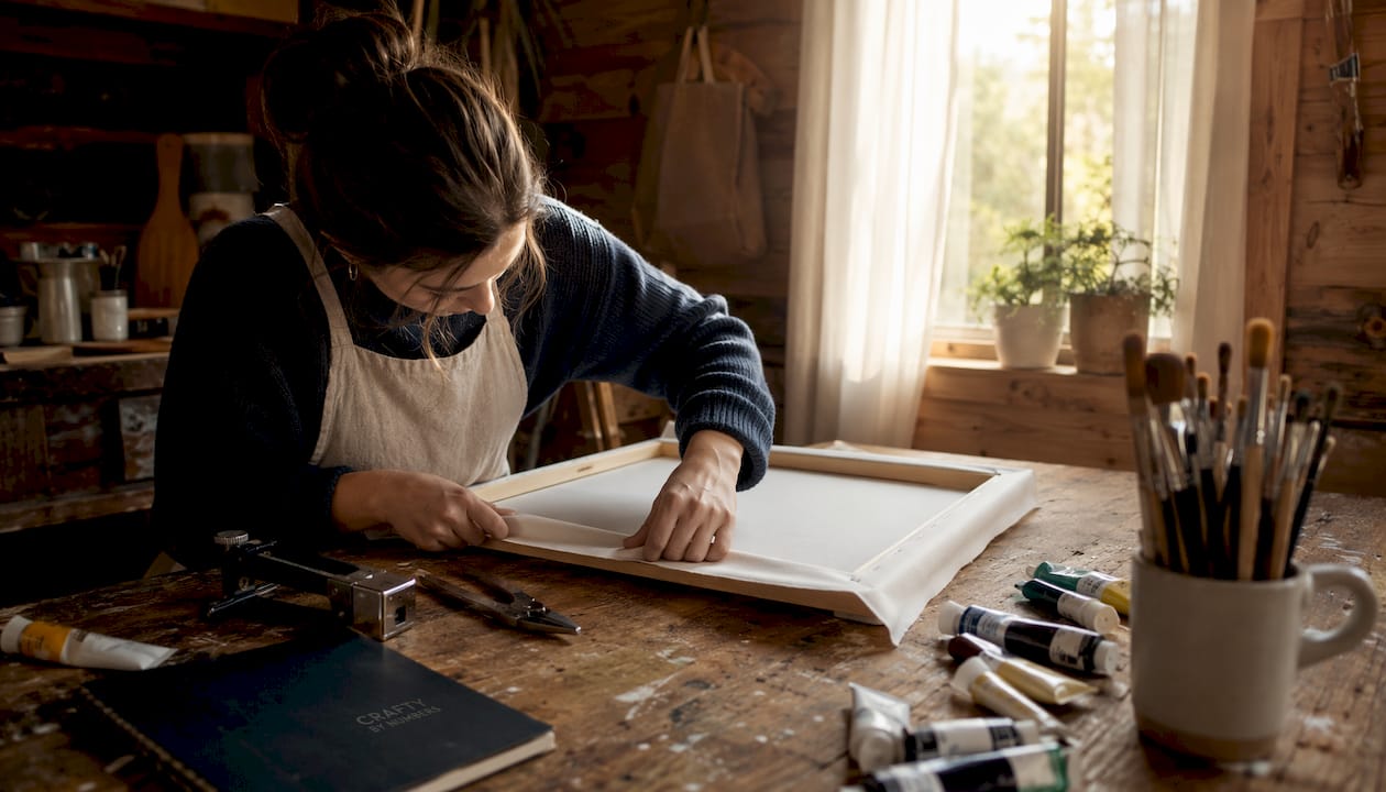 Hands stretching canvas on frame in studio