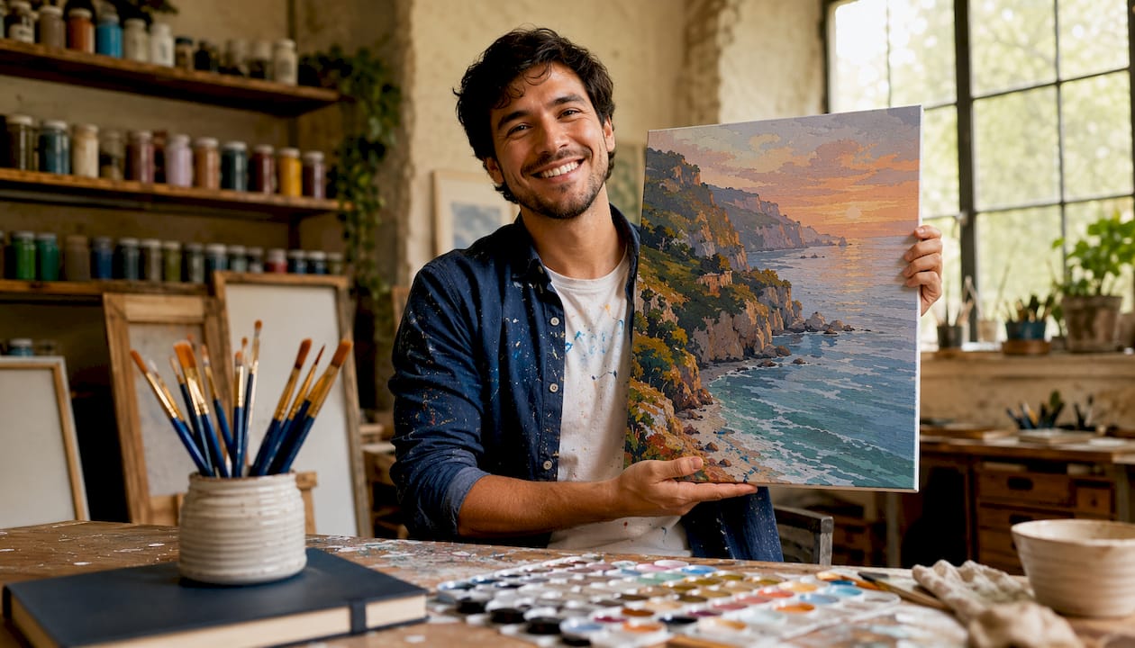 Young man showing finished painting proudly