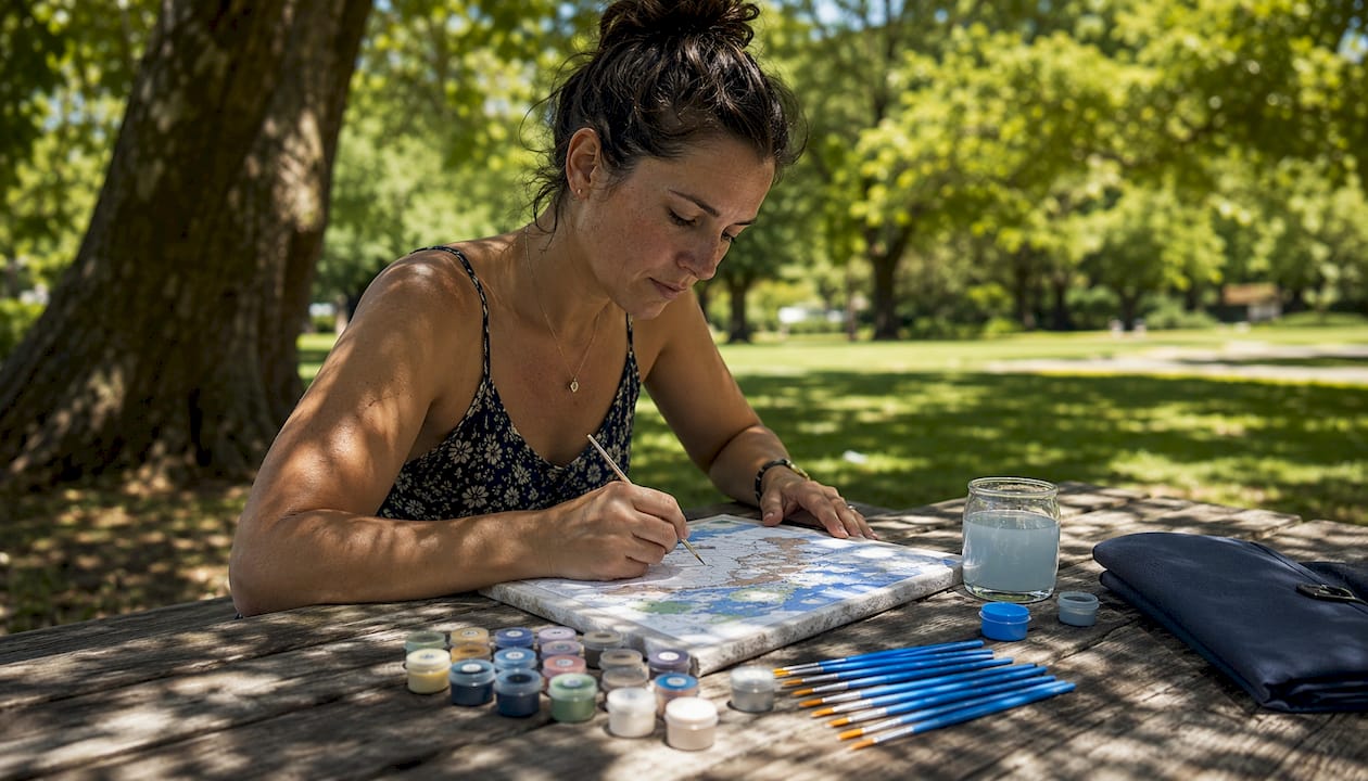 Woman painting calmly at home table