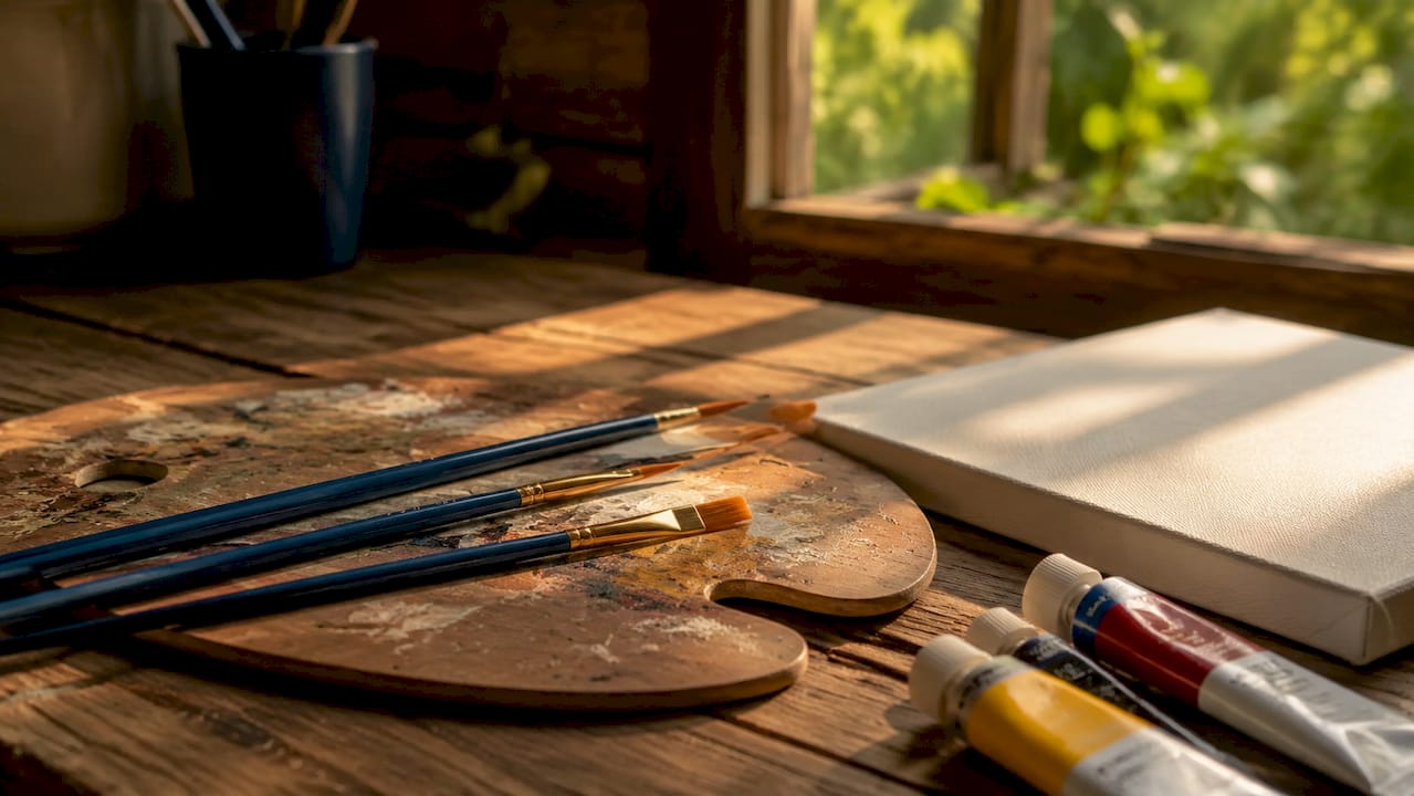 Paintbrushes and acrylic paints on a table