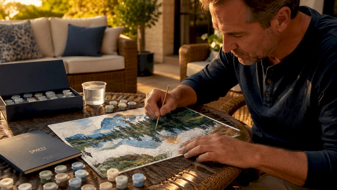 Man painting detailed advanced paint by numbers kit