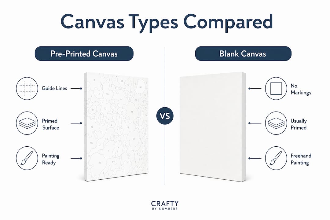 Infographic comparing pre-printed and blank canvases with key features
