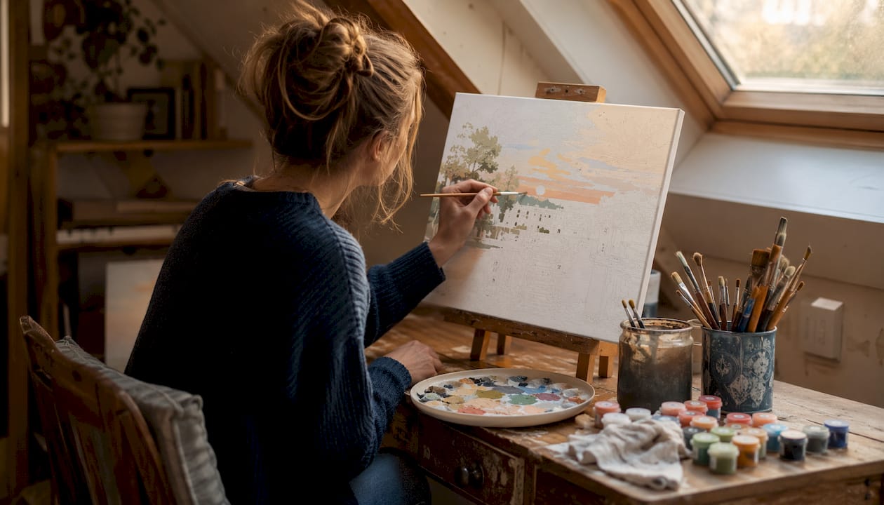 Person painting on pre-printed canvas in studio
