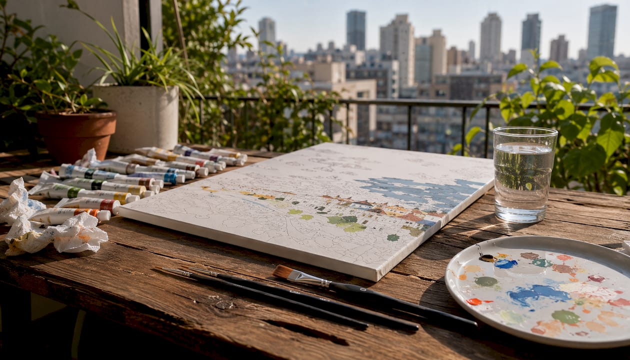 Artist's paint-by-numbers workspace with tools