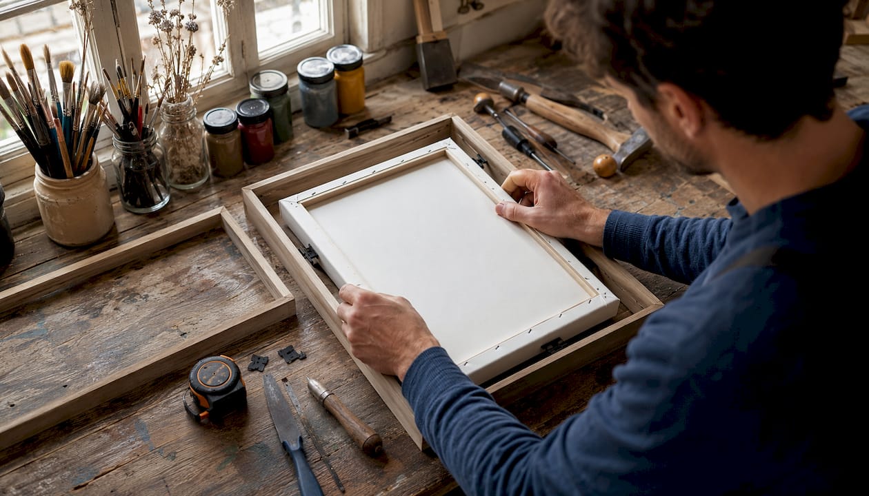 Hands fitting canvas into floater frame in home studio