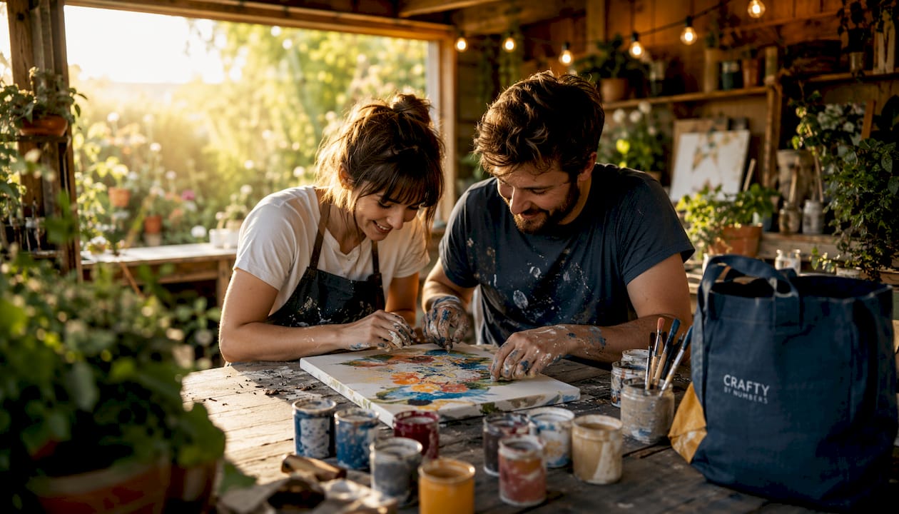 Couple painting together at home art studio