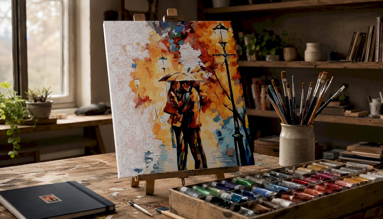 Couple portrait kit setup on table with paints and brushes