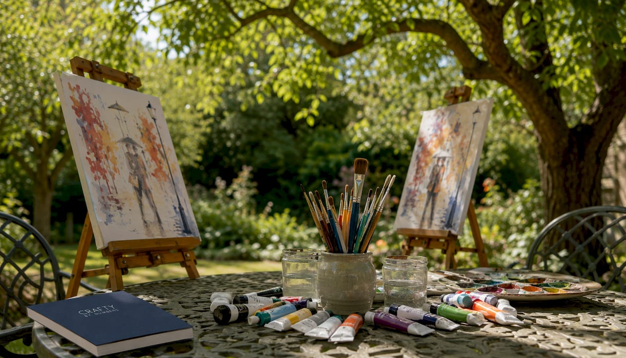 Two easels facing with painting supplies for couple