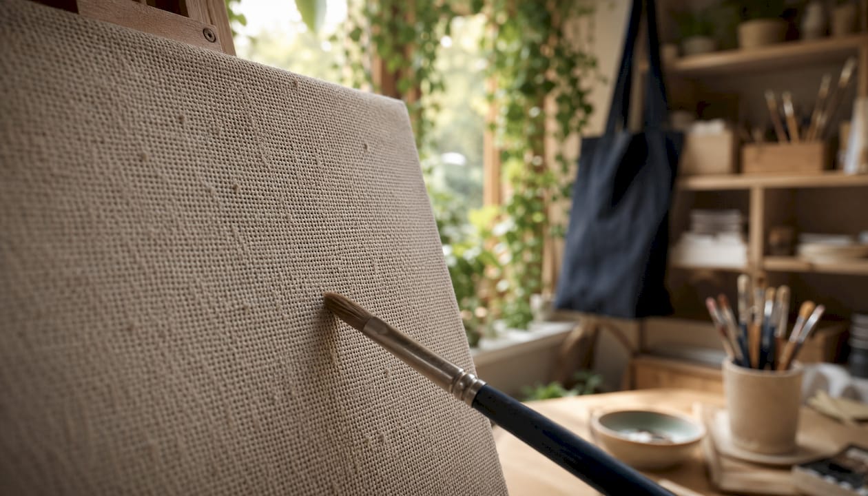 Close-up of canvas weave texture with paintbrush