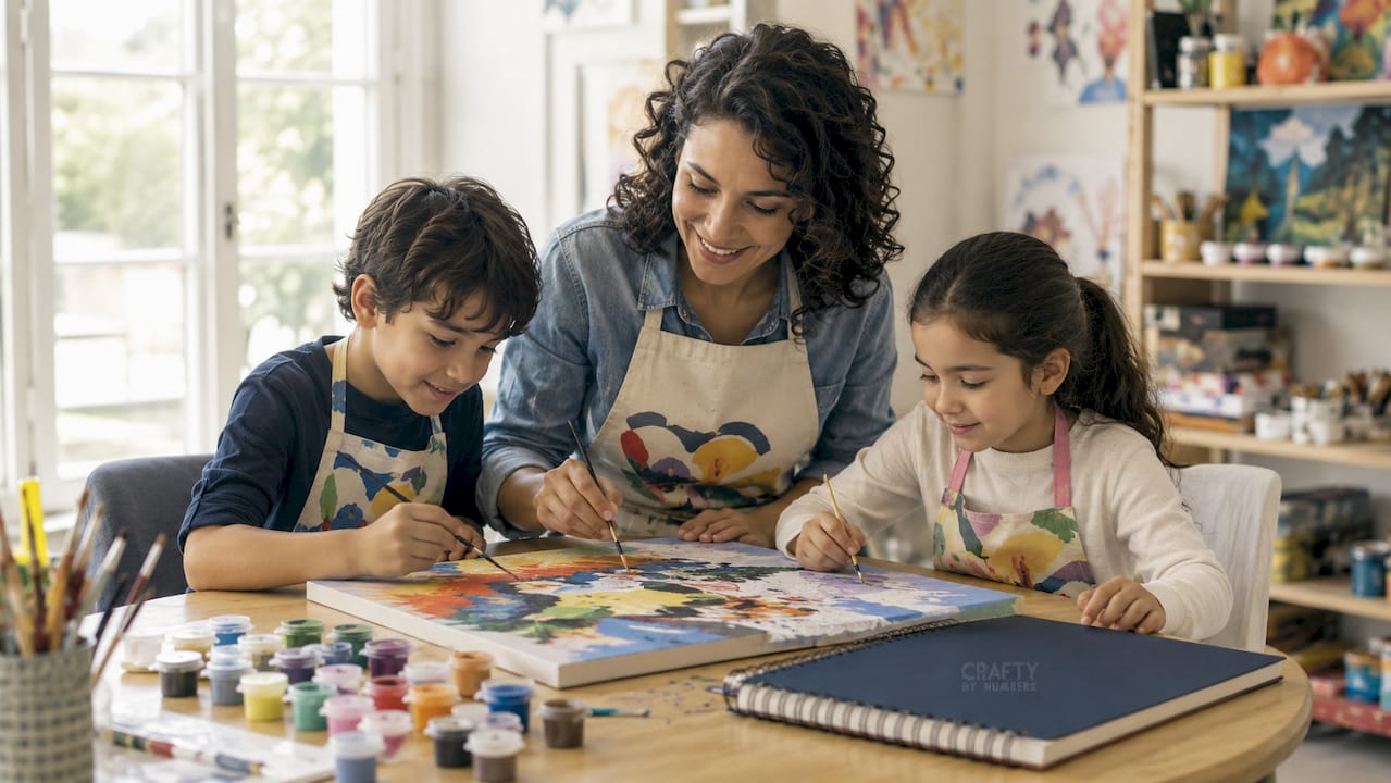 Family painting together using paint-by-numbers kit