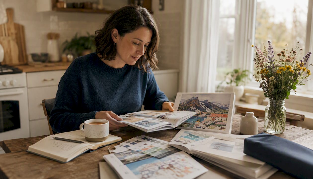 Woman reviewing paint-by-numbers kits at home desk