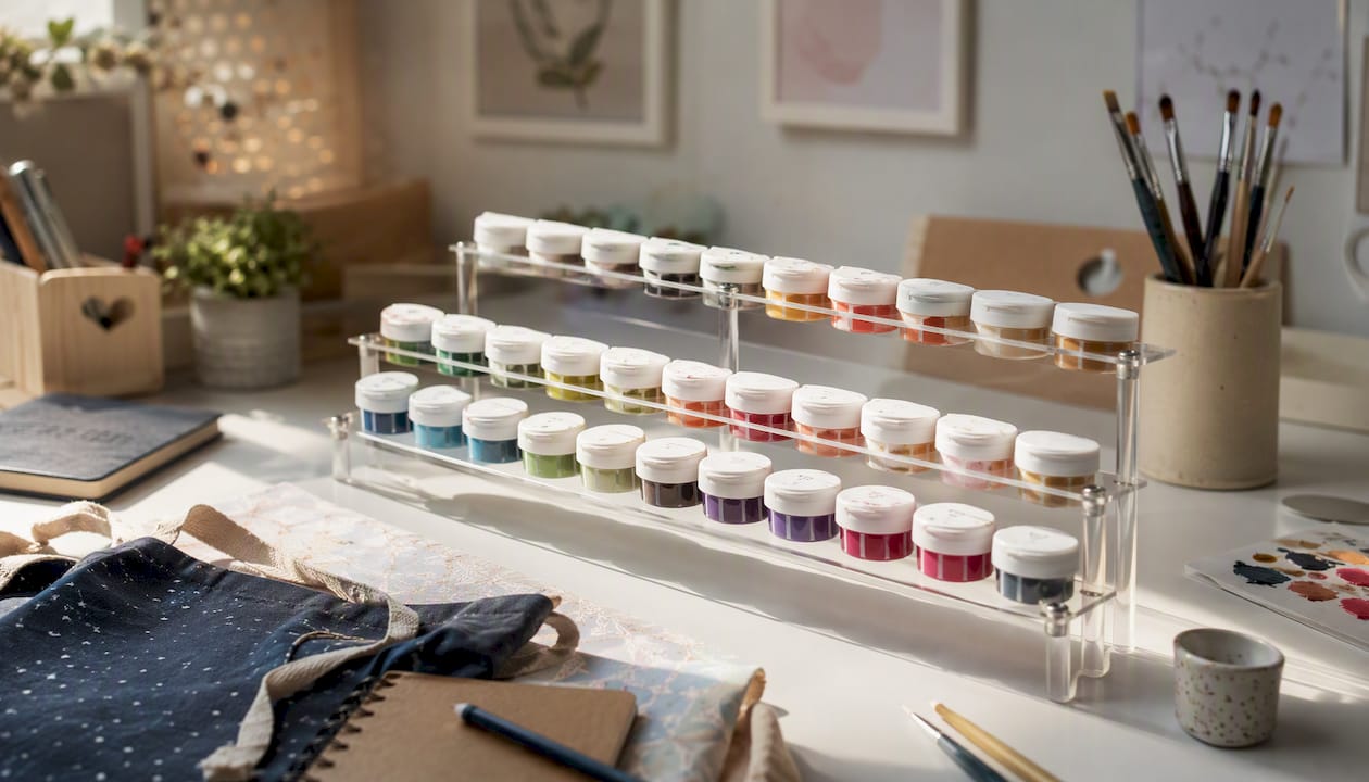 Paint tubes stored cap-down in organizer stand