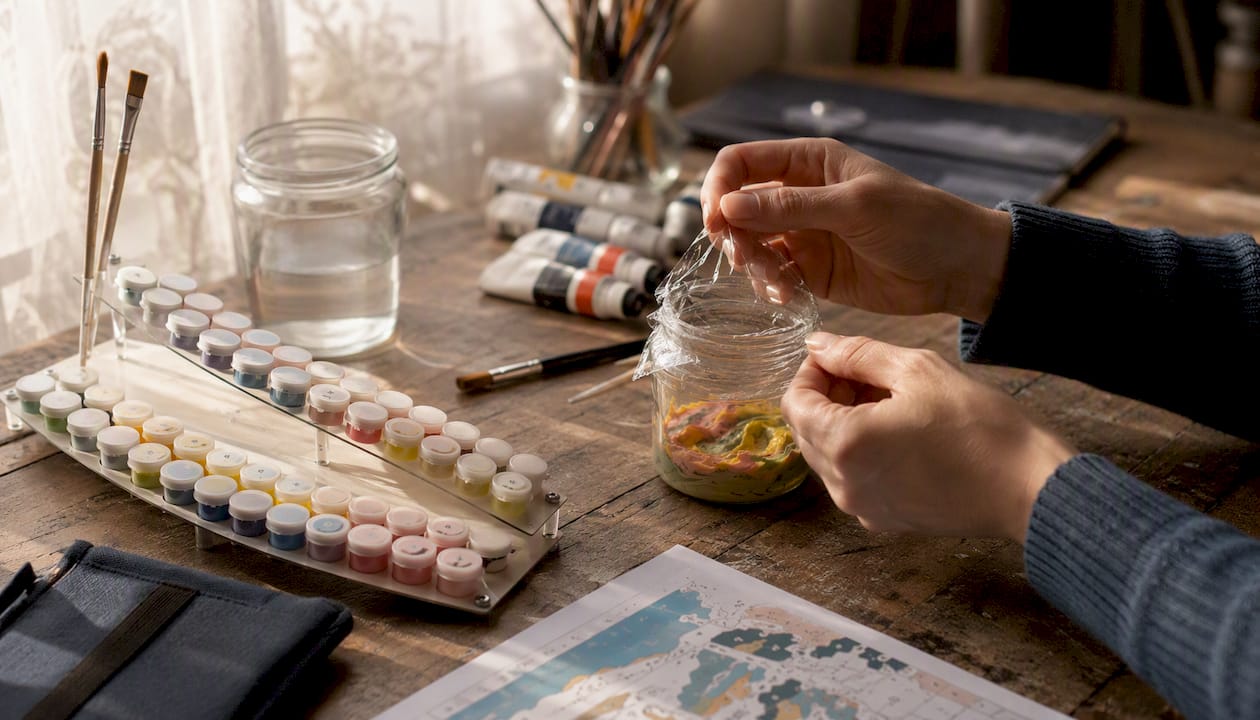 Hand sealing acrylic paint jar with plastic wrap