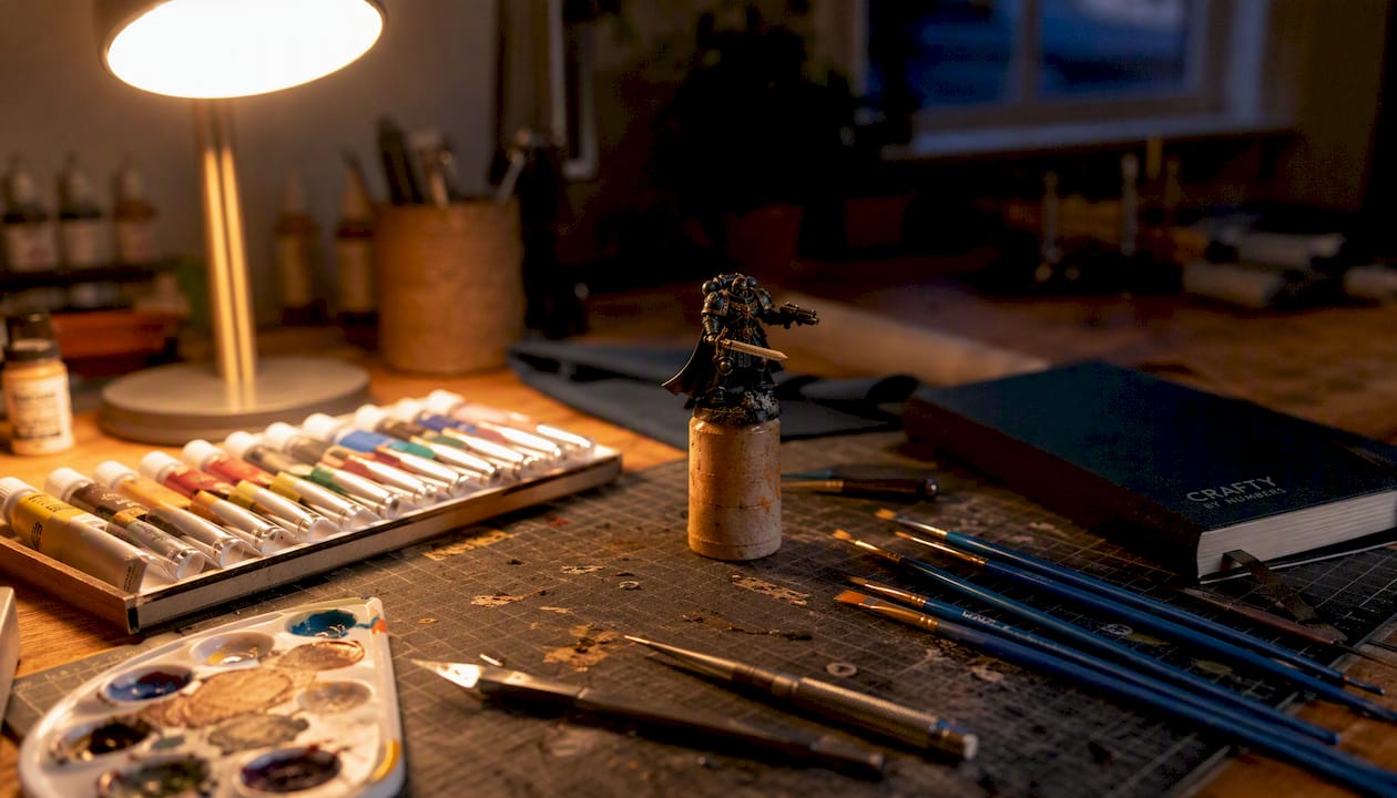 Close-up of miniature painting and progress checklist