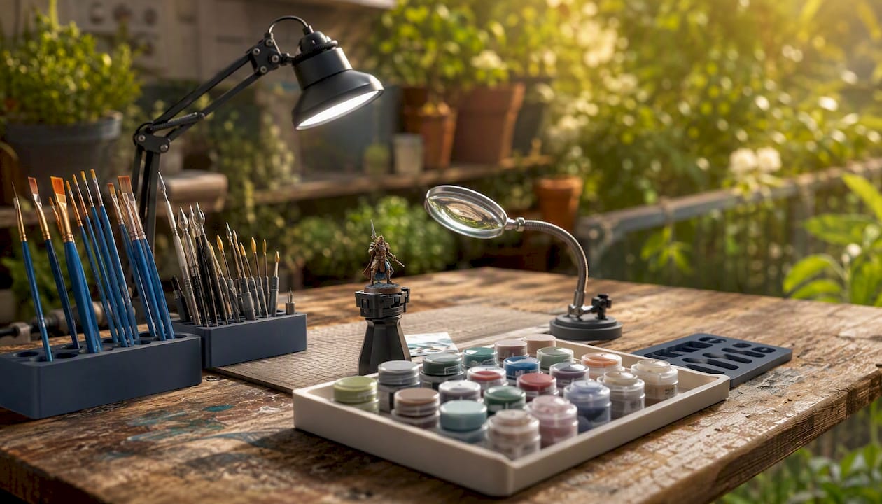 Miniature painter’s workstation with tools and lighting