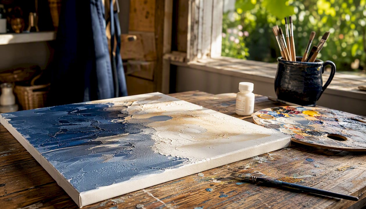 Close-up of drying acrylic paint layers on canvas