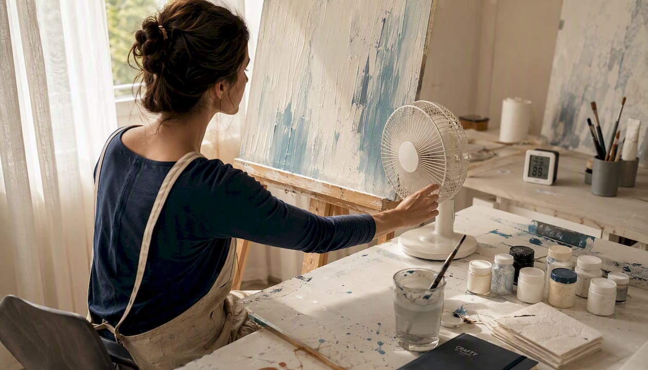 Artist using fan to speed acrylic paint drying