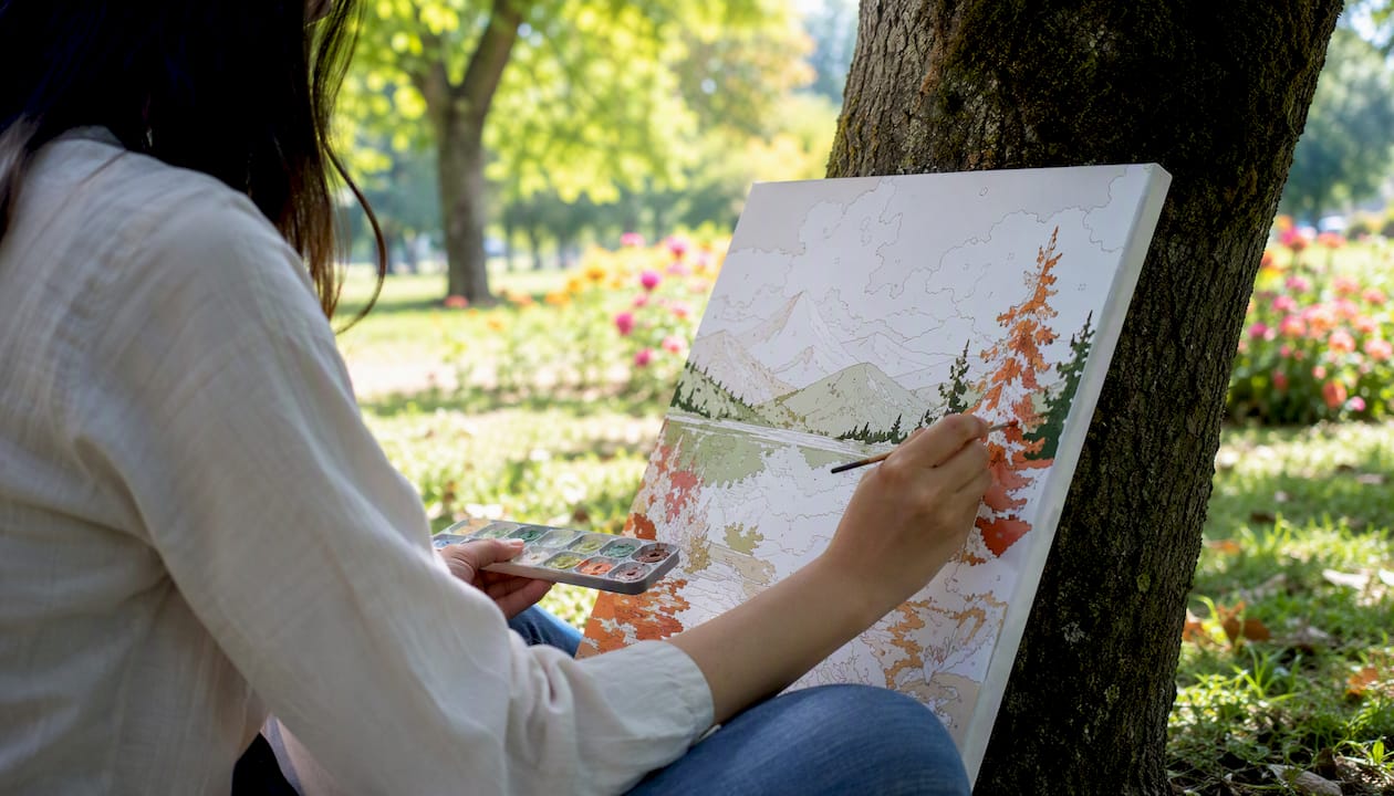 Hands painting a numbered canvas in a home setting